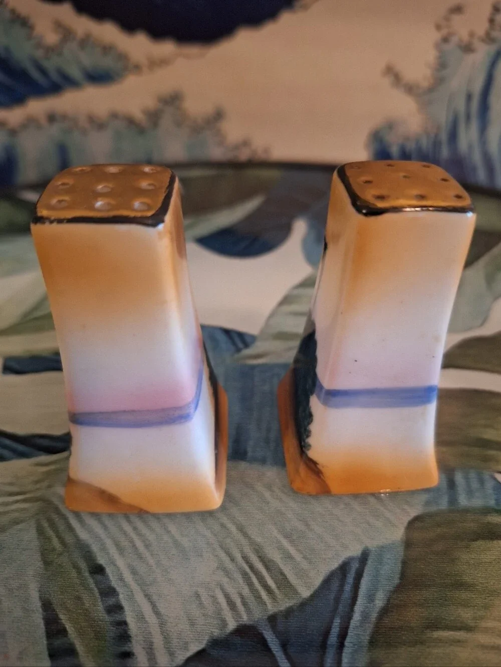 1970s Lusterware Hand-Painted Windmill Salt & Pepper Shakers - Brown & Blue